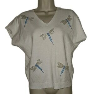 LIV‎ Milano White Knit Sweater Stretch Beaded Dragonfly Short Sleeve Women's XS